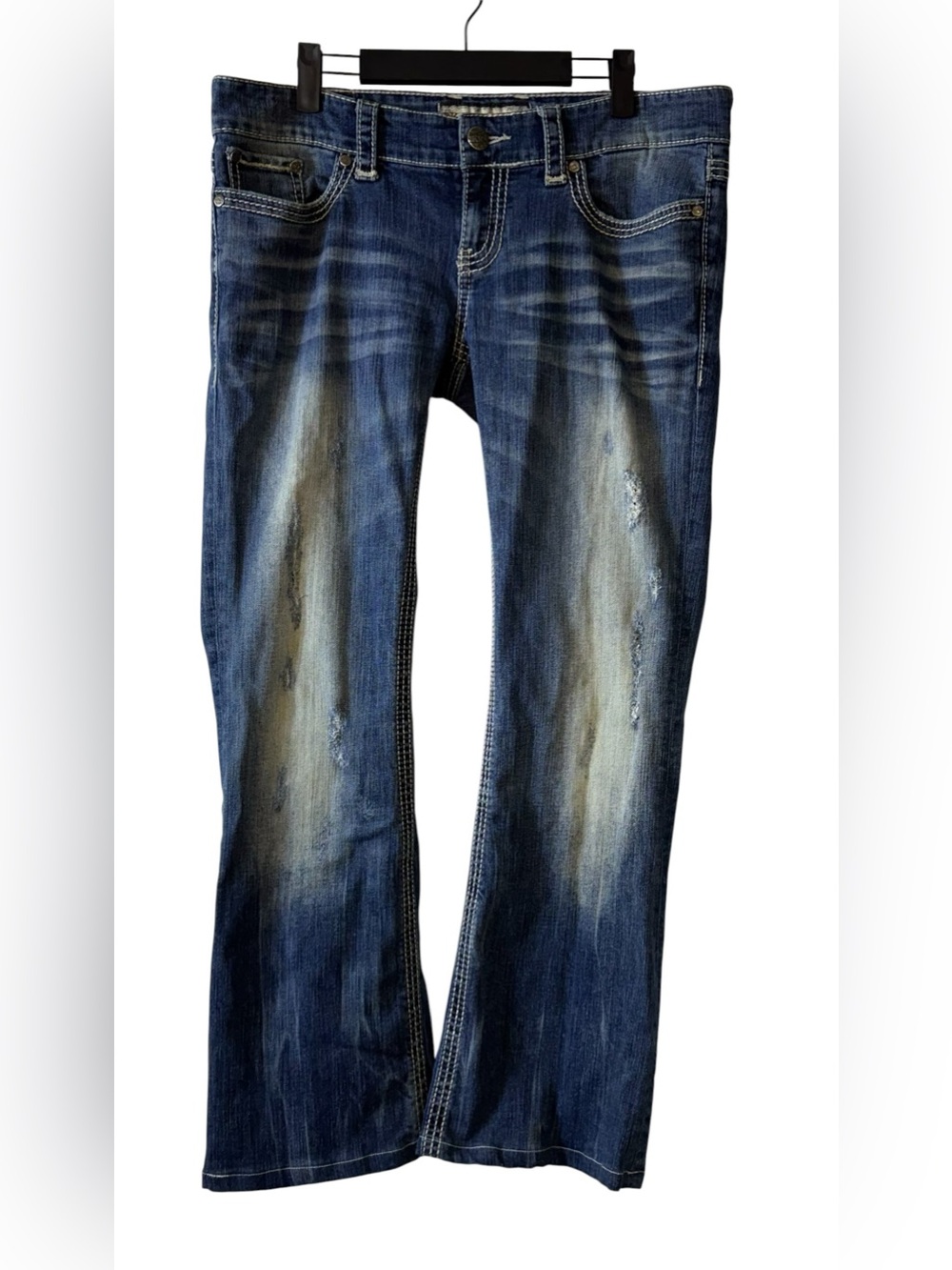 BKE Women's Distressed Flare Jeans in Dark and Light Blue Wash